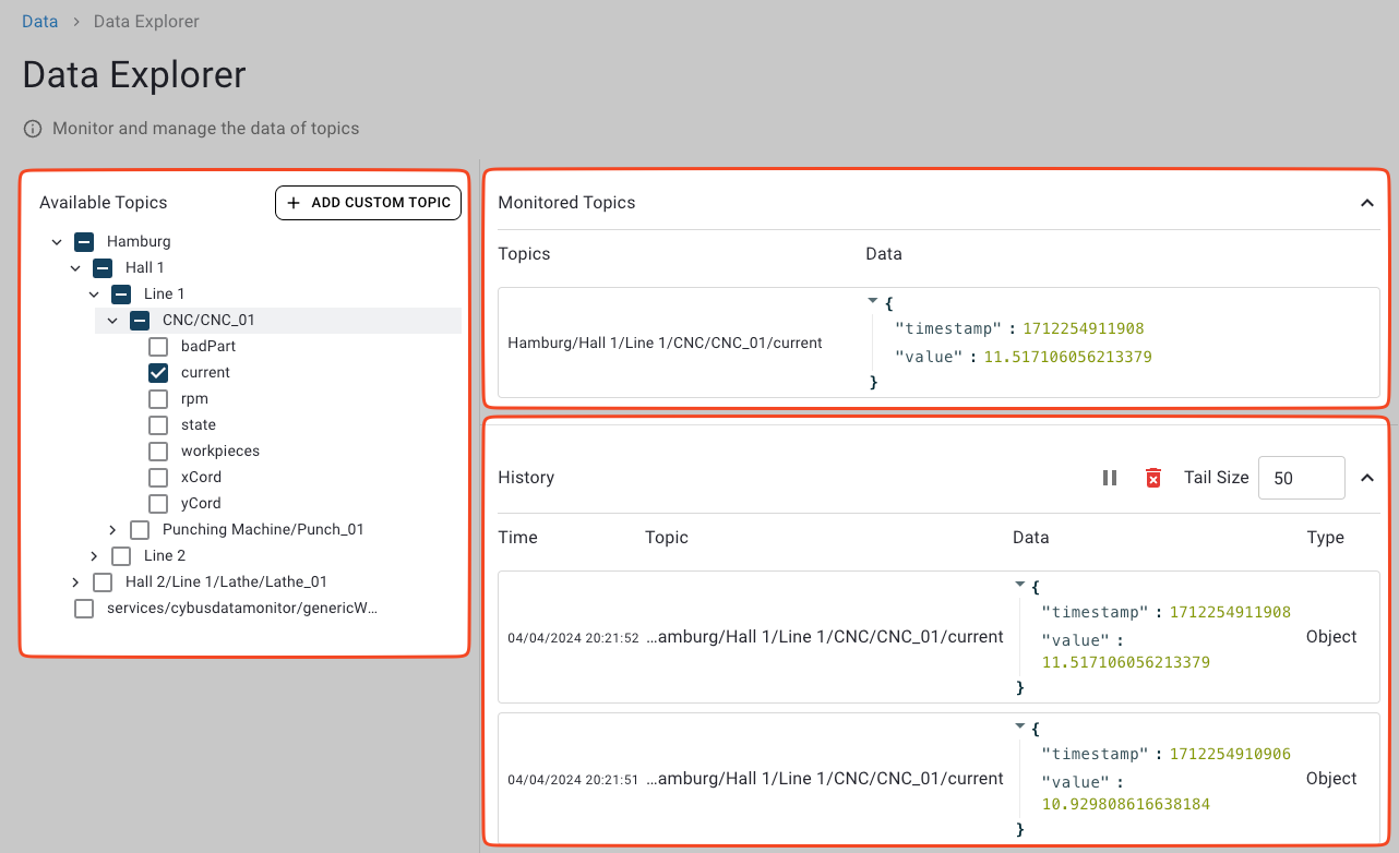 Screenshot highlighting Data Explorer sections